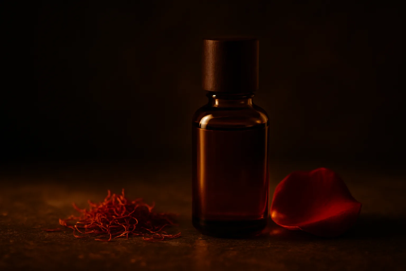 Concept visual, frosted glass serum bottle on wet black stone