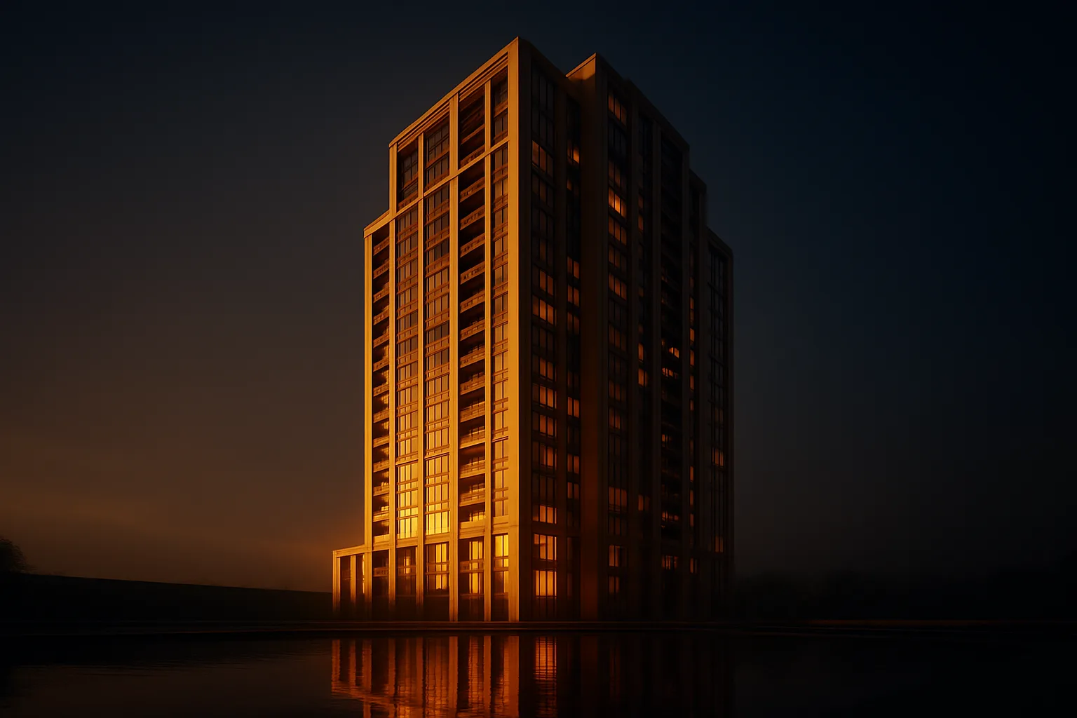 Concept visual, glass residential tower at blue hour