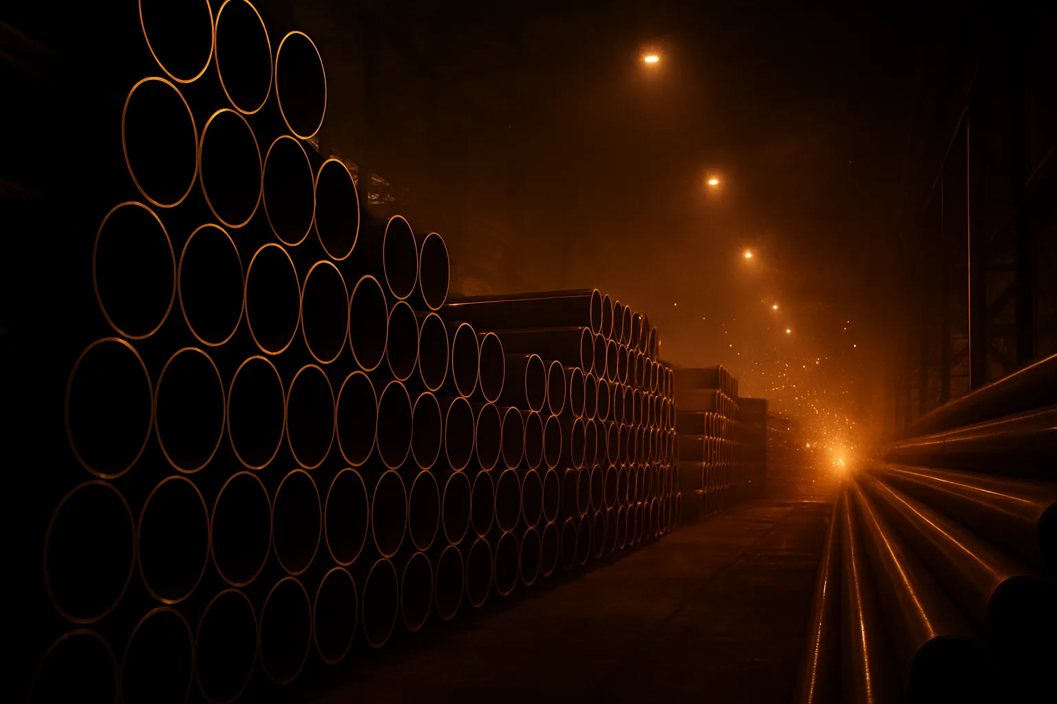 Concept visual, precision steel pipes inside a manufacturing plant