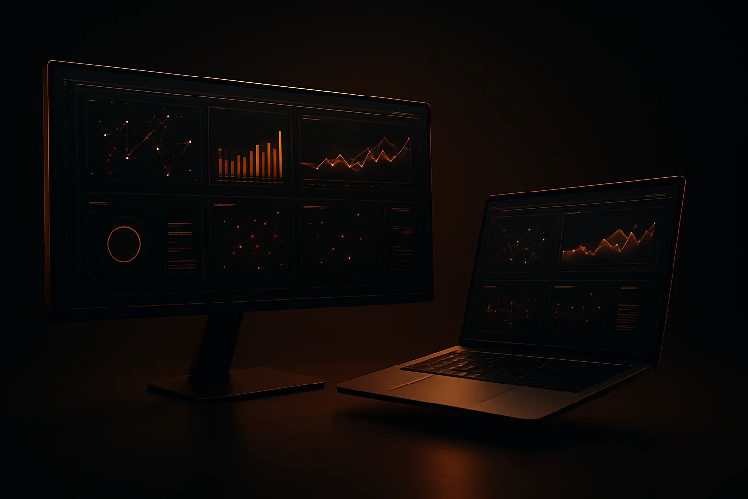 Concept mockup, AI operations console on monitor and laptop