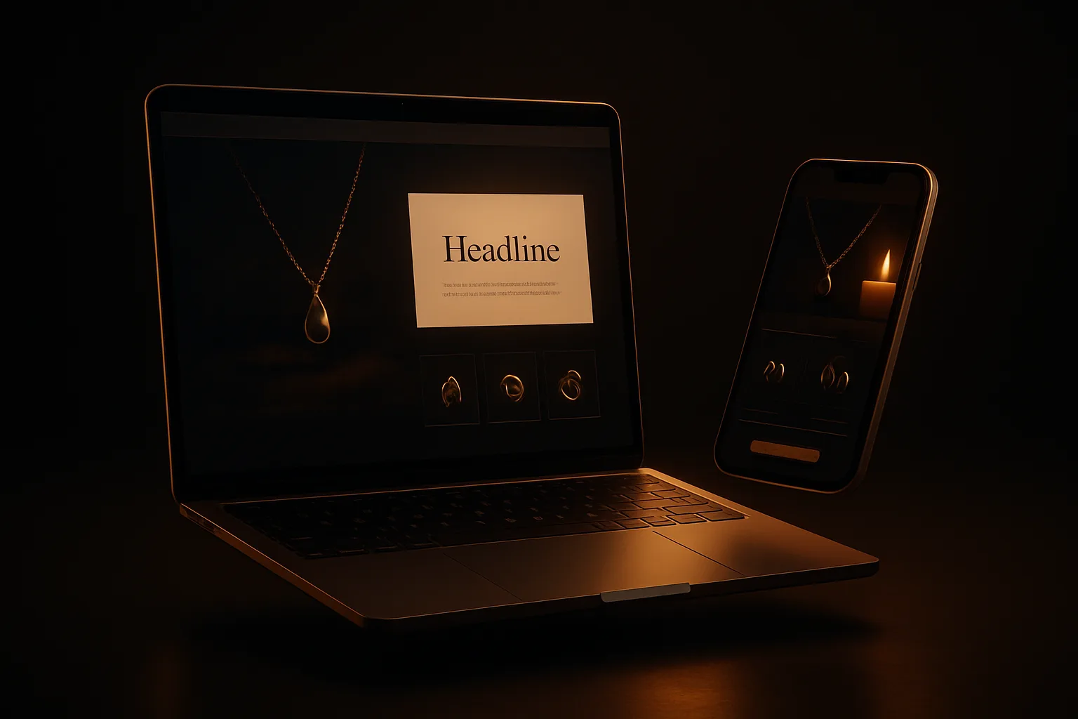 Concept mockup, omnichannel jewellery commerce on laptop and phone