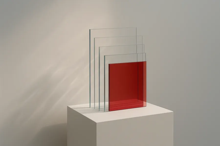 Five glass panes on a white plinth, one of them vermilion