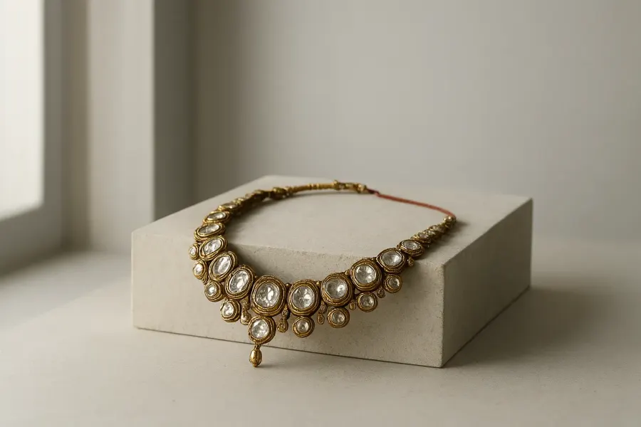 Gold and uncut diamond necklace on a pale stone plinth in daylight