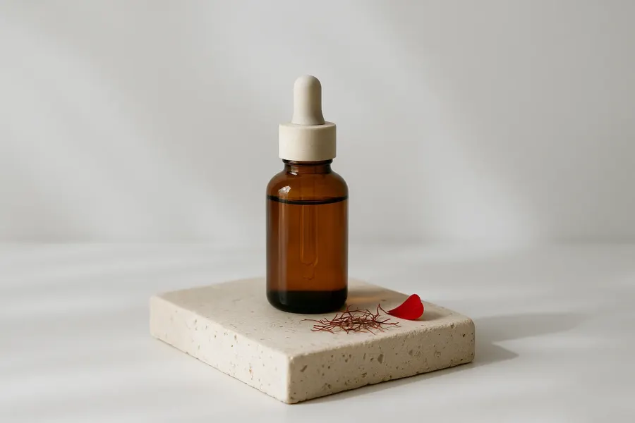 Amber serum bottle on travertine with saffron and a vermilion petal