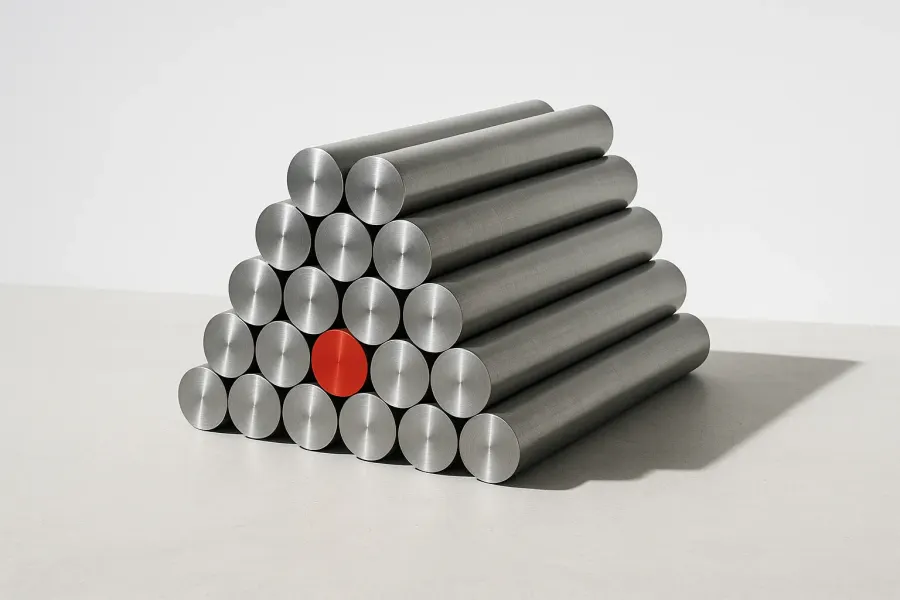 Stacked steel tubes with one end painted vermilion