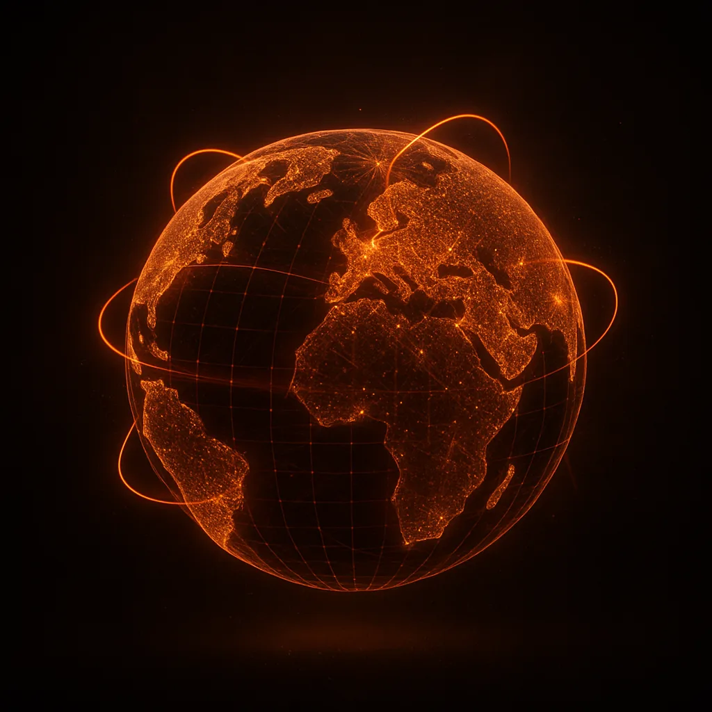 Wireframe globe with connection arcs between world markets